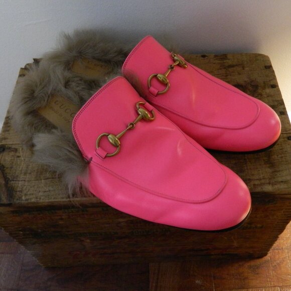 Gucci Other - Gucci Princetown Fur Lined Horse-bit Hot Pink Fuchsia Slip On Mules 9 NWT EUC!